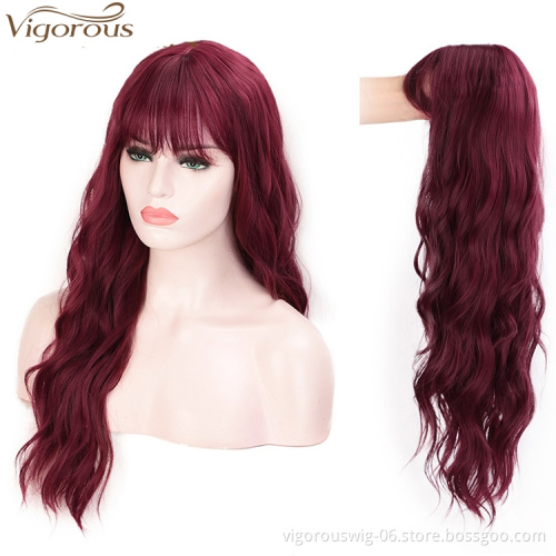 Vigorous Wine Red Long Wigs with Bangs Water Wave Synthetic Wig High Temperature Purple Brown Black Pink Cosplay Wig